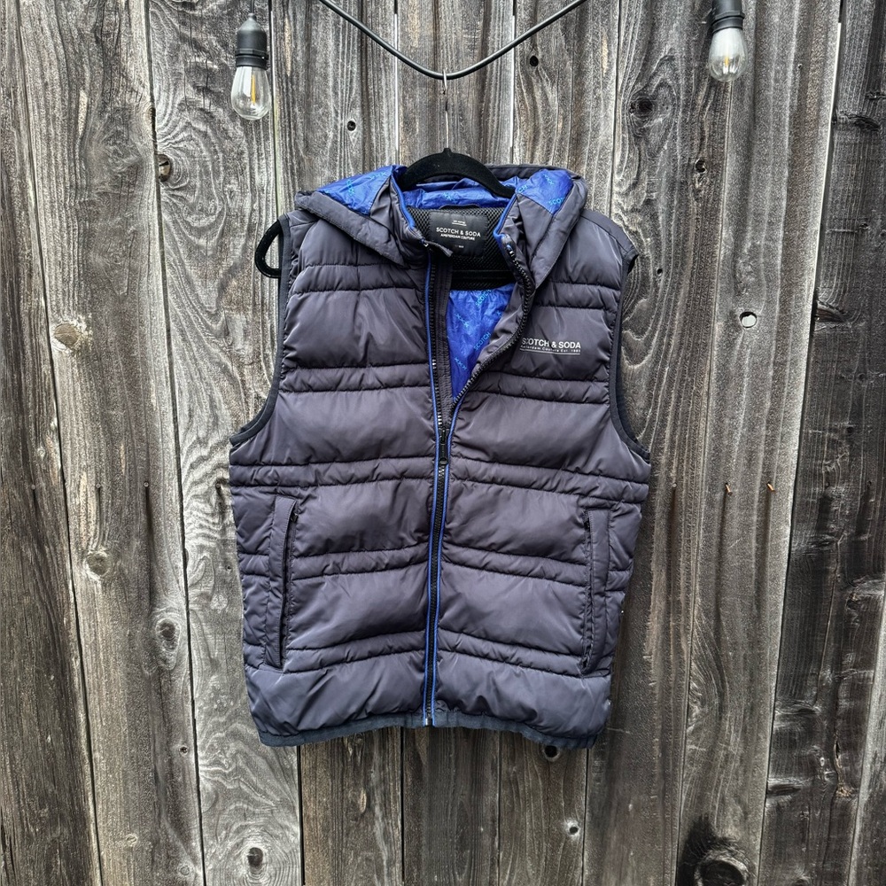 Scotch and Soda PrimaLoft Quilted Hooded Black Blue Full-Zip Vest Large